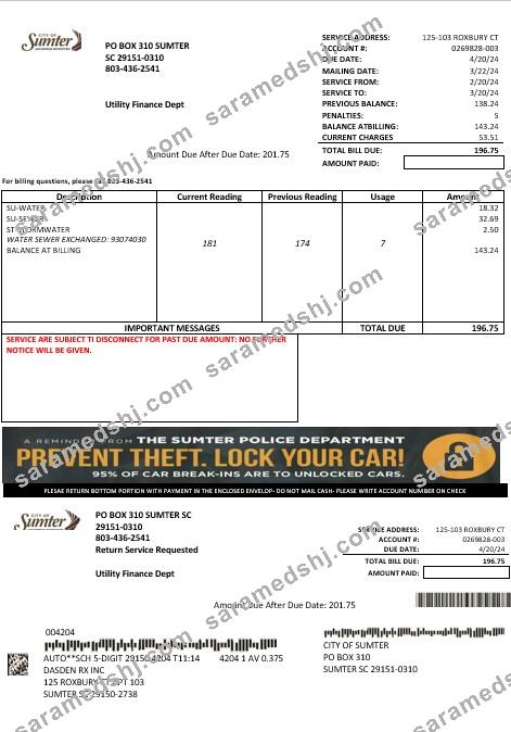USA City of Sumter South Carolina water business utility bill template in Word and PDF formats